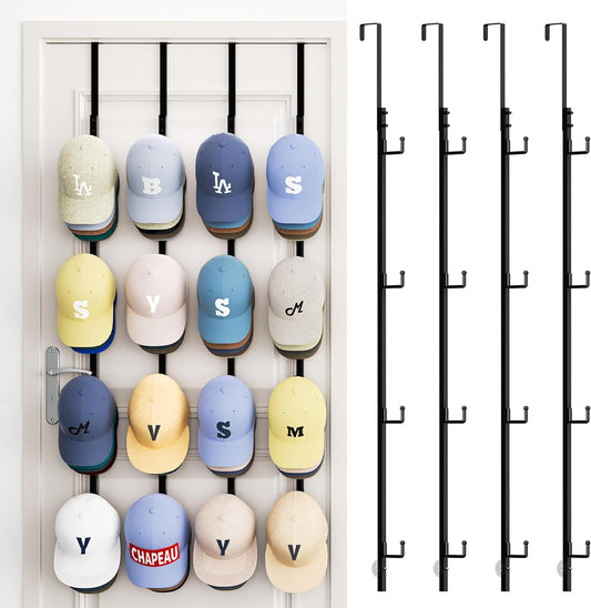 SWTYMIKI Over Door Hat Rack - 4 Packs Metal Hanging Hat Organizer with 16 Hooks Design, Baseball Cap Hanger Organizer Storage Holds up to 80 Caps for Door, Bedroom, Closet