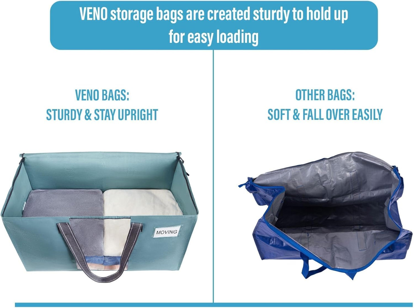 VENO 4 Pack Moving Bags, Comforter and Blanket Storage Bags for Closet, Moving Boxes, Boxes with Lids Alternative, College Dorm Packing Supplies, Foldable Heavy-Duty Tote (Shiny Light Blue, 4 Pack)