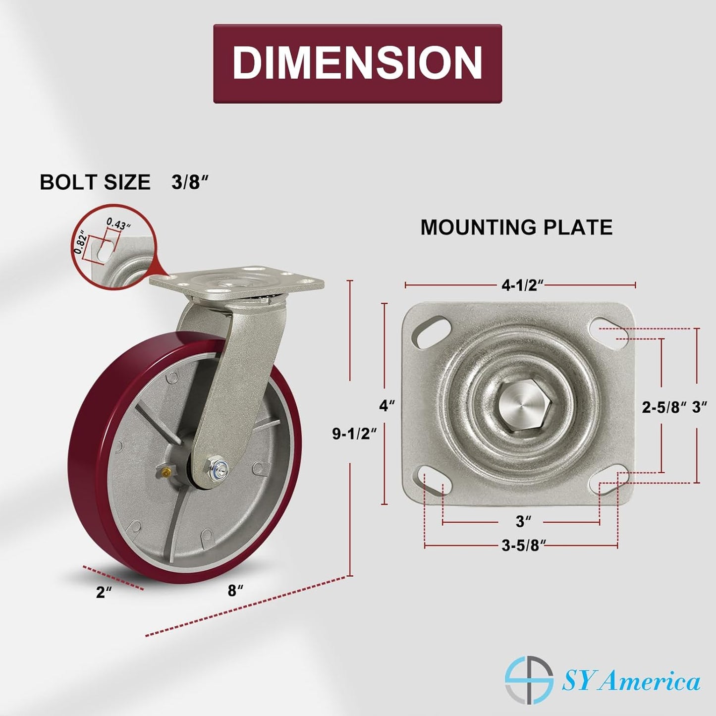 SY America 8" X 2" Casters Wheels,Heavy Duty Industrial Casters，Polyurethane on Aluminum Wheels,1 Swivel Casters,1600 LBS Load Capacity