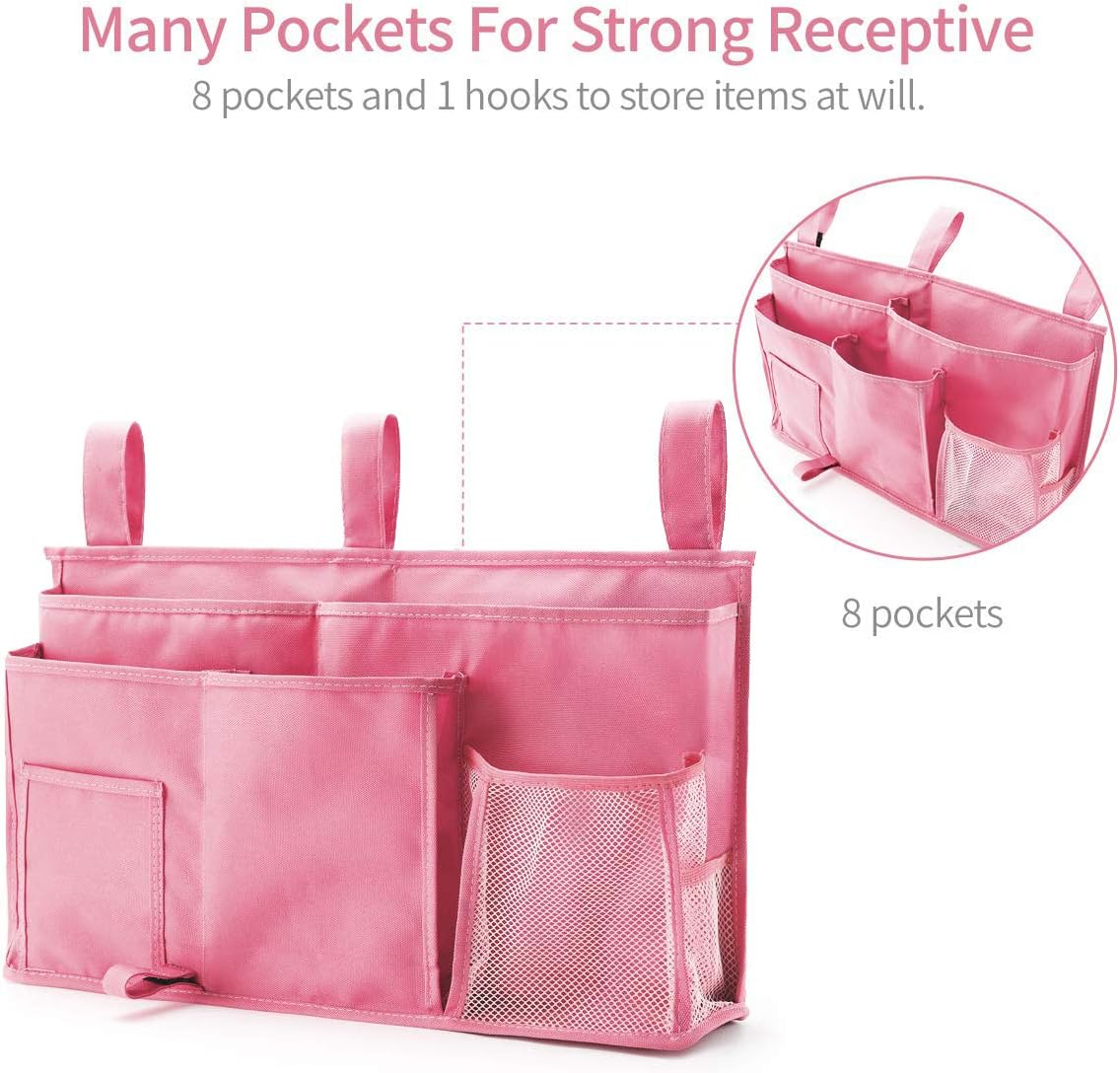 Bseash Bunk Bed Organizer, Bedside Caddy Hanging Bed Organizer Storage Bag 8 Pockets, for College Dorm Rooms Bed, Hospital Bed, Baby Bed Rails, 600D Oxford Cloth (Pink)
