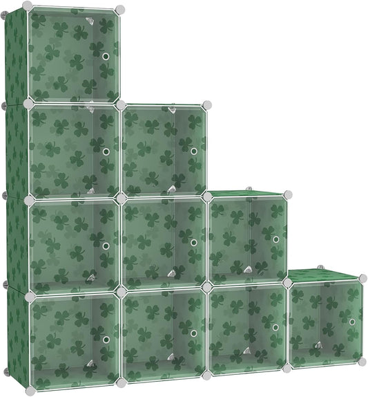 C&AHOME Cube Storage Organizer with Doors, 10-Cube Shelves, DIY Plastic Modular Bookshelf, Closet Clothes Storage Shelving Ideal for Bedroom, Living Room, Clover Embossed, Green
