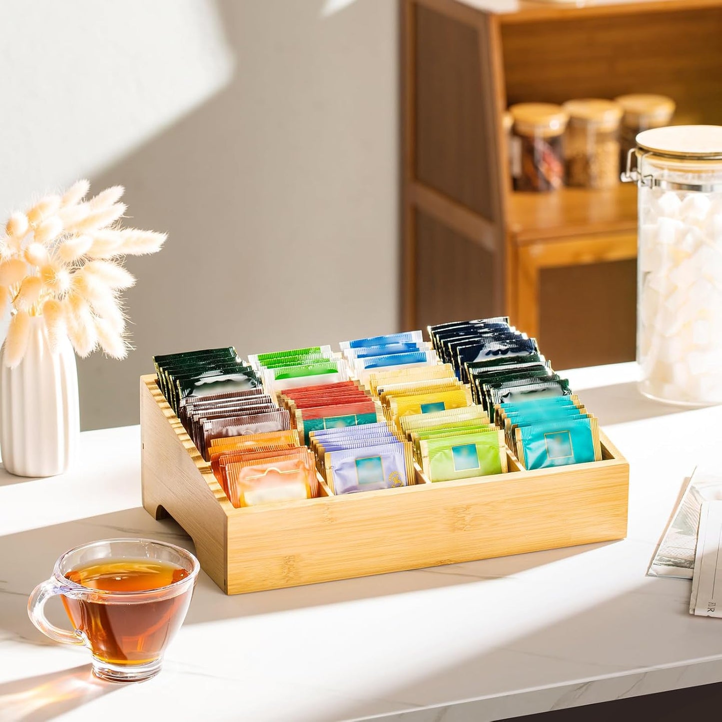 Tea Bag Organizer - Bamboo Tea Storage Organizer With 12 Compartments, 1 Layer Tea Organizer for Tea Bags Natural Bamboo for Countertop Office Kitchen Cabinet Pantry