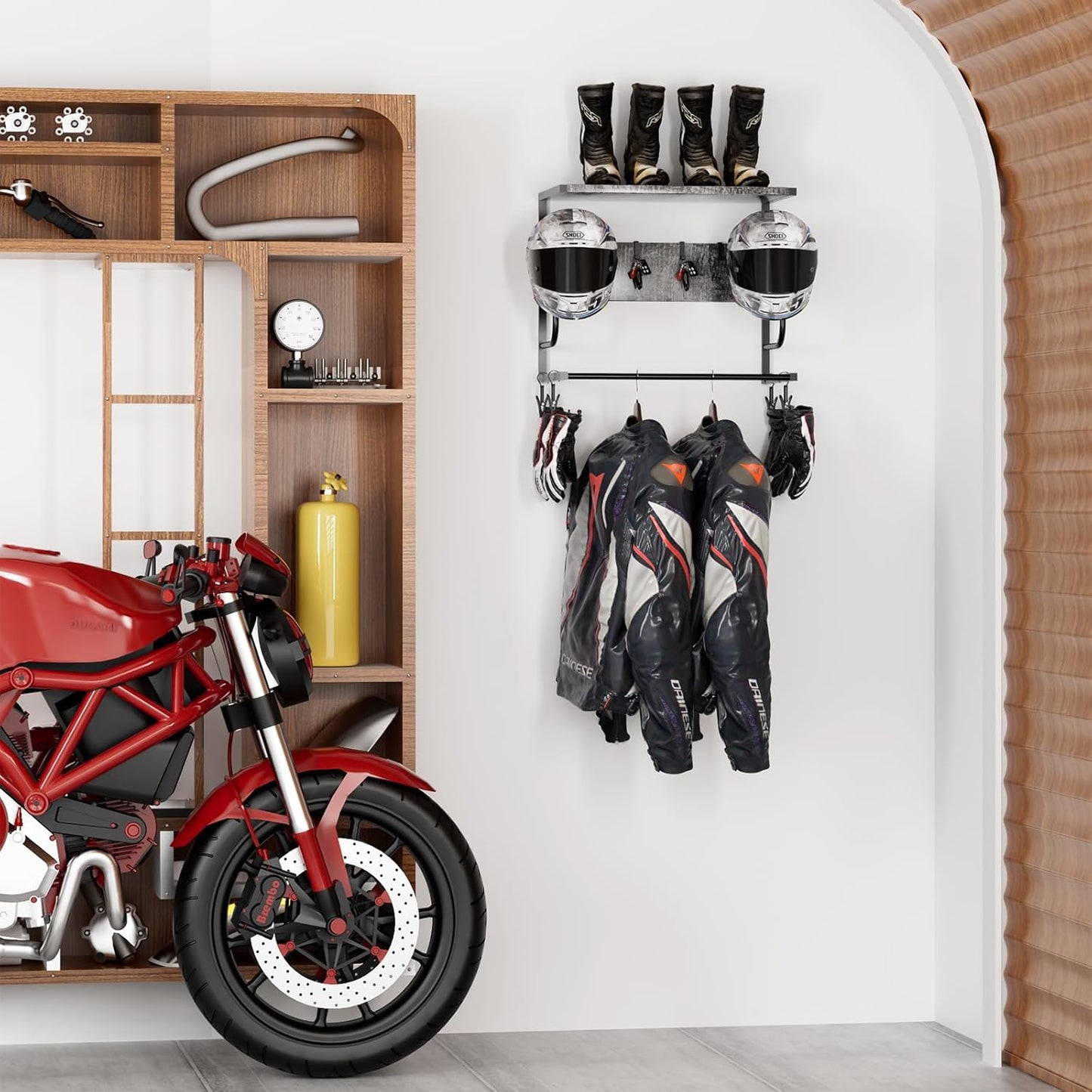 Motorcycle Helmet Holder Wall Mounted, Helmet Holder Wall Mount with Helmet Rack, Motorcycle Helmet Rack for Most of Helmet and Clothes