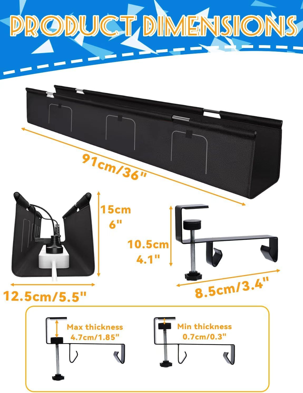 No Drill Under Desk Cable Management Tray - 36" Under Desk Cord Organizer,Clamp/Screw Mount Cable Management, Premium Fabric Cord Hider for Wire Organizer for Office, Home