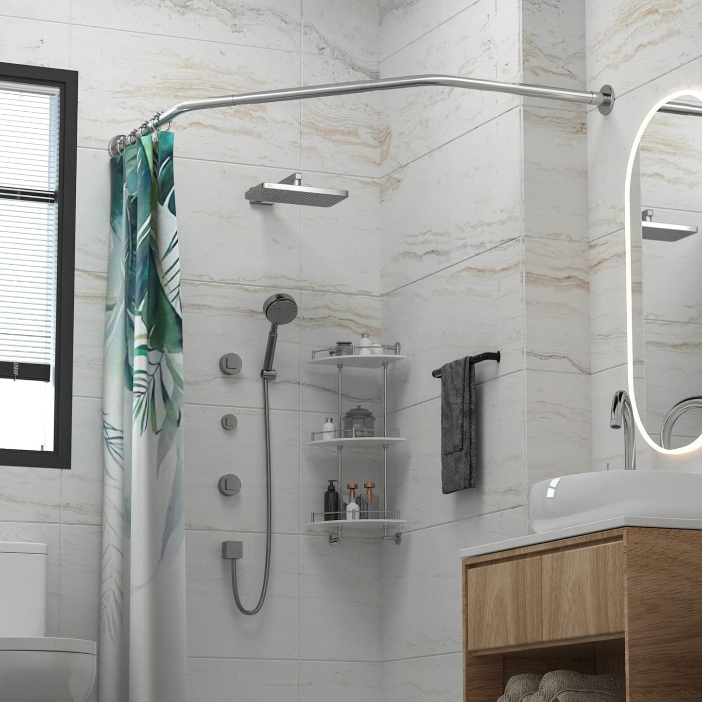 Corner Shower Curtain Rod Adjustable Stainless Steel Diamond Shaped Rack Drill Free Install for Bathroom, Bathtub, Clothing Store (Diamond Shaped, Both Sides: 17"-25.6",Middle:20"-26)