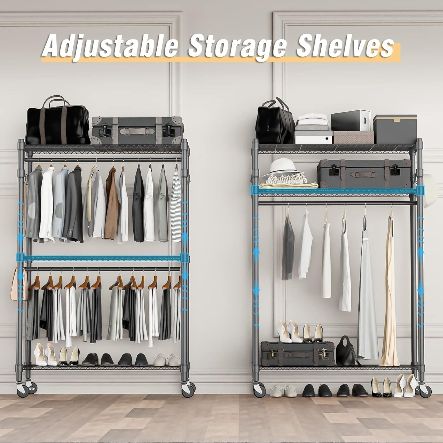 Homdox Rolling Clothes Rack Heavy Duty, 3-Tier Adjustable Wire Shelving Garment Organizer with Double Rods & Hooks, Portable Clothes Rack with Wheels, 17.72" D x 47.24" W x 80.71" H, Grey