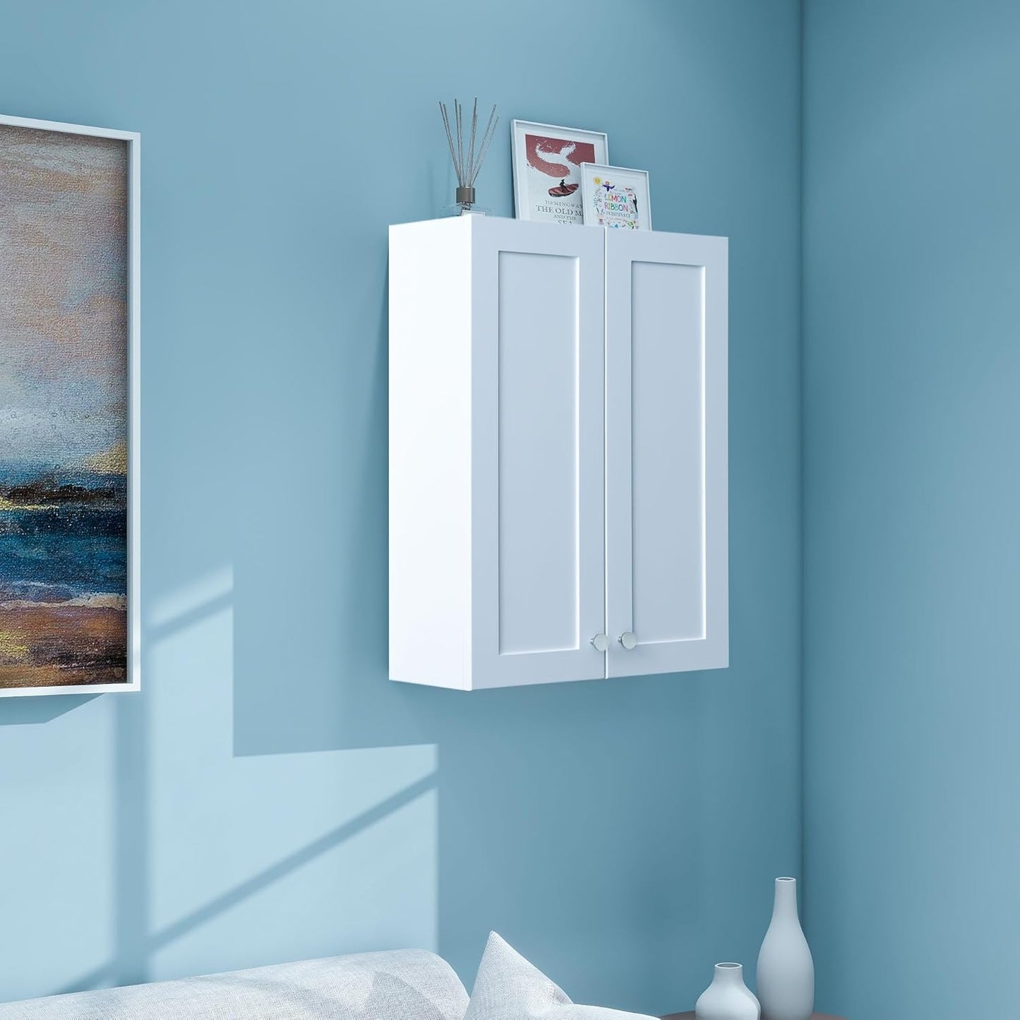 White Wall Mount Cabinet, MDF Over The Toilet Storage Cabinet with Adjustable Shelves, Space Saver 2 Door Medicine Cabinet for Bathroom Laundry Kitchen, 19x 27in, No Paint Odor