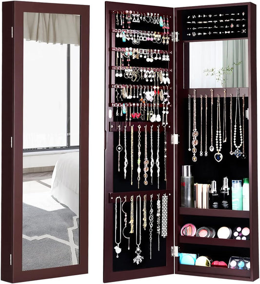 Giantex Wall Mounted Jewelry Cabinet with Full Length Mirror, Over The Door Jewelry Armoire Organizer with Large Storage, Makeup Mirror & Velvet Lining (Brown)