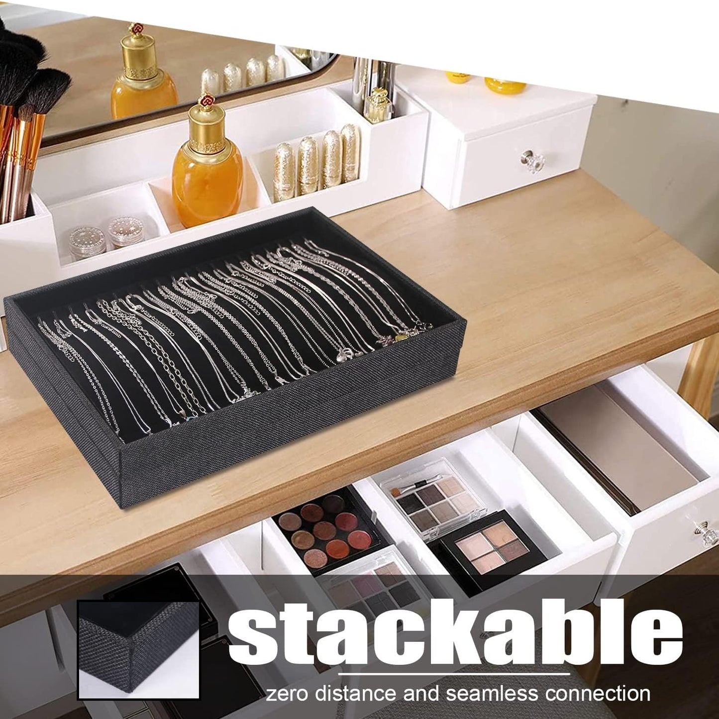 Julysky 2 Pcs/set Stackable Jewelry Organizer Trays，Necklace Tray+Necklace Tray, Jewelry Displays for Selling,Black