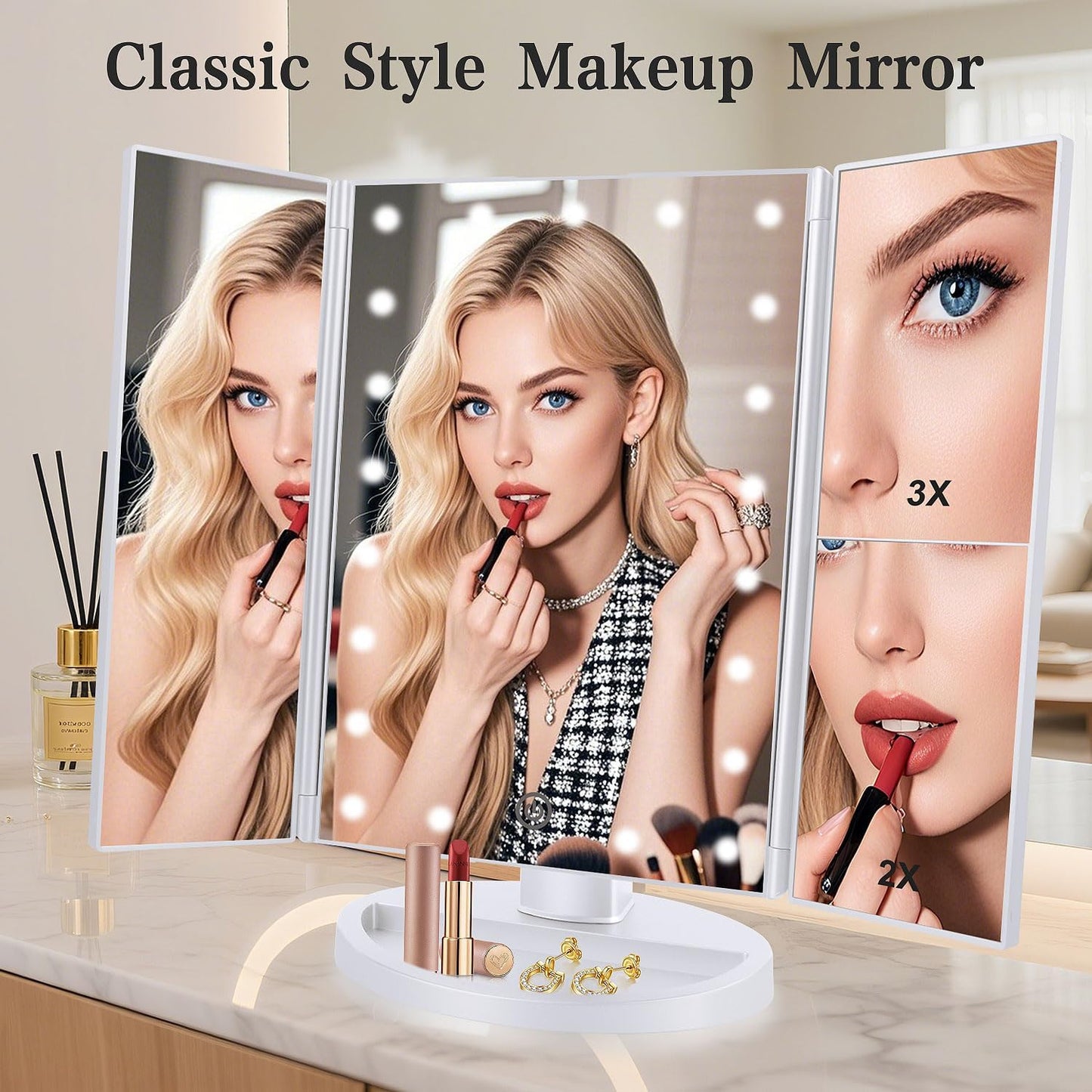 deweisn Floor Mount Tri-Fold Lighted Vanity Mirror with 21 LED Lights, Touch Screen and 3X/2X/1X Magnification, Two Power Supply Modes Make Up Mirror,Travel Mirror