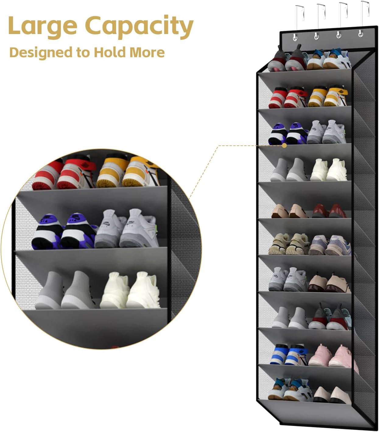 KEEPJOY 10 Tiers Mesh Over Door Shoe Organizer Storage, Hanging Shoe Holder for Door with Large Deep Pockets, Holds 20-30 Pairs of Shoes, Ideal for Sneakers & Boots.(Grey)
