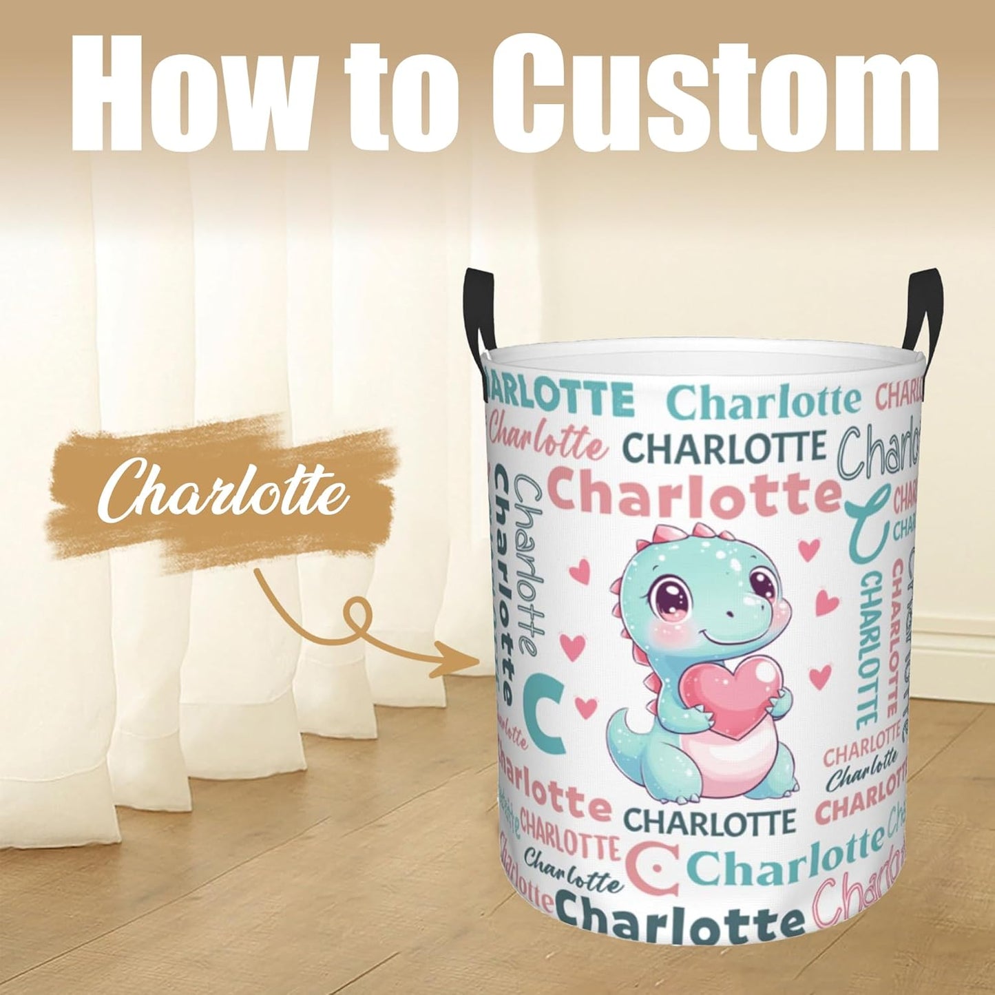 Custom Name Laundry Hamper, Personalized Dinosaur Laundry Basket with Name for Laundry Room Dorm Bedroom, Customized Name Dirty Clothes Hamper with Handles for Clothes Toy Boys Girls Men Women