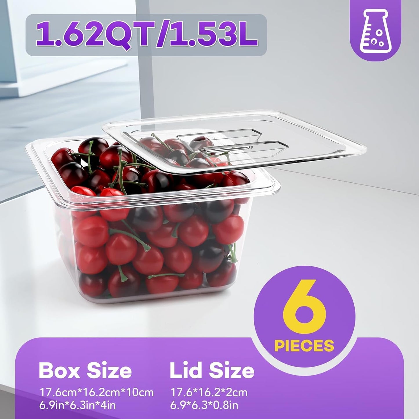 VOISEN 6 Pack Plastic Food Pan with Lids 1/6 Size 4 Inch Deep Commercial Food Storage Containers for Fridge Salad Fruits Vegetables Clear Restaurant Polycarbonate