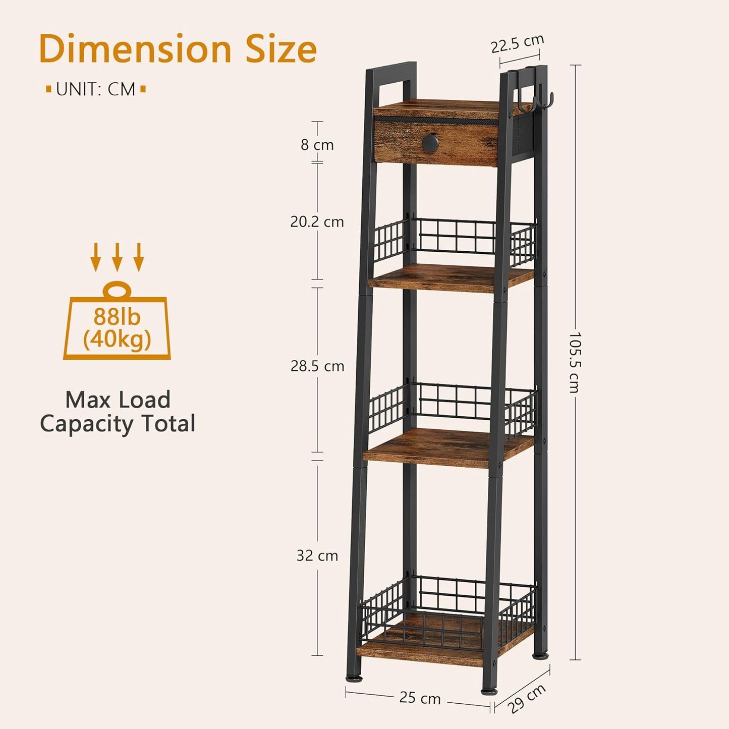 4-Tier Narrow Bathroom Table Ladder Shelf with Drawer, Bathroom Stand Floor Storage Shelf, Freestanding Tower Shelf Ladder -Rustic Brown.