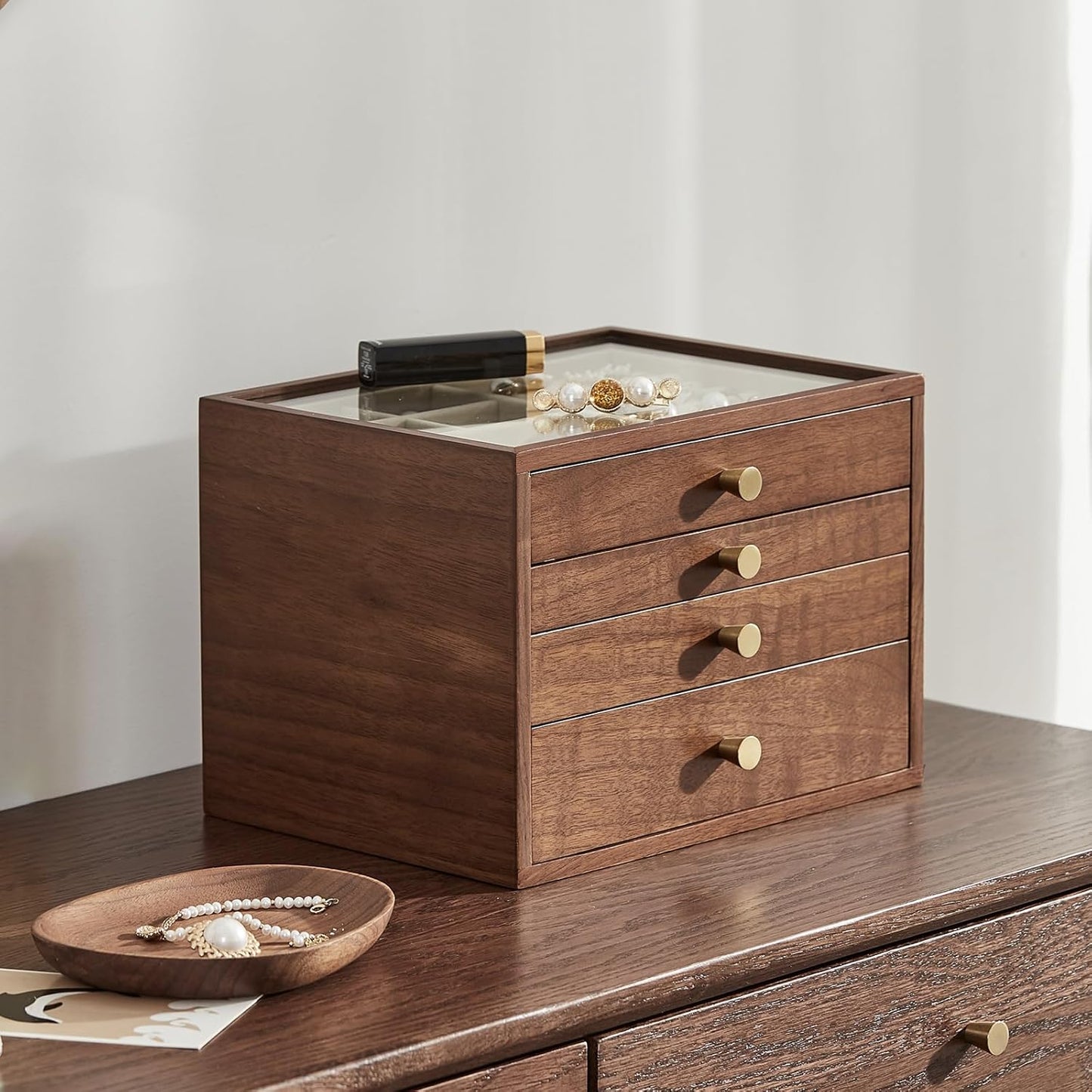 Black Walnut Wooden Jewelry Box for Women large 4 Layer Drawer Organizer Box with Glass Lid for Necklaces, Watch, Necklace, Ring, Earring Storage - Christmas Gifts