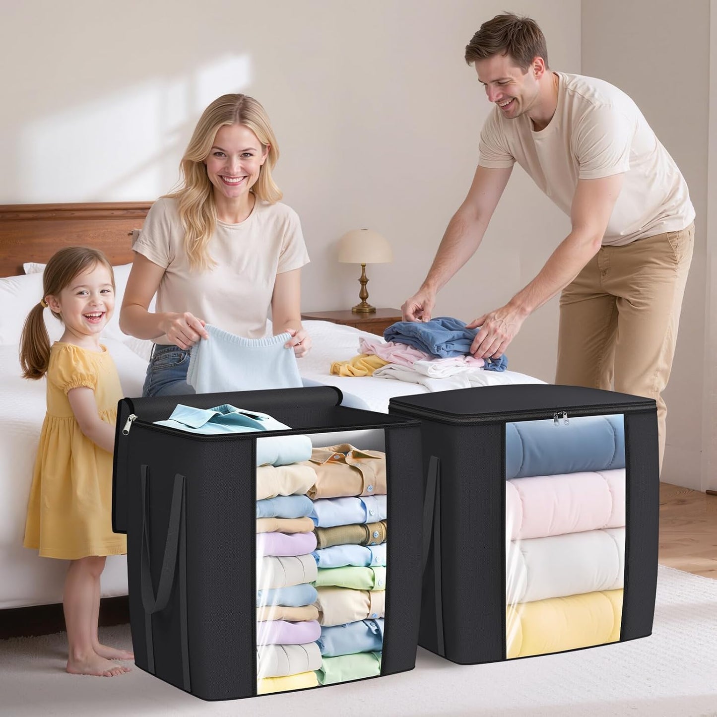 120L Extra Large Clothes Storage Bags, Foldable Blanket Storage and Organization, Thick Fabric Containers with Reinforced Handles & Zippers for Clothing, Comforters, Bedding, Black, 4 Pack