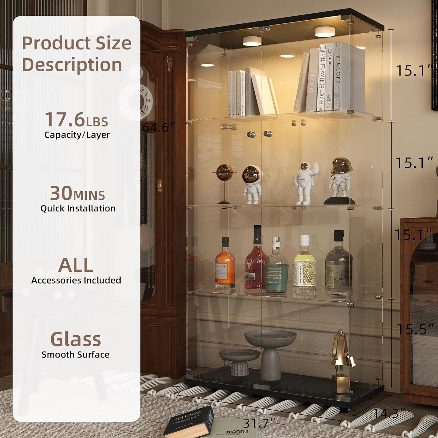 Beauty4U Glass Display Cabinet with Light, 4 Shelves with 2 Doors, Curio Cabinets for Living Room, Bedroom, Office, Black Floor Standing Glass Bookshelf, Quick Installation