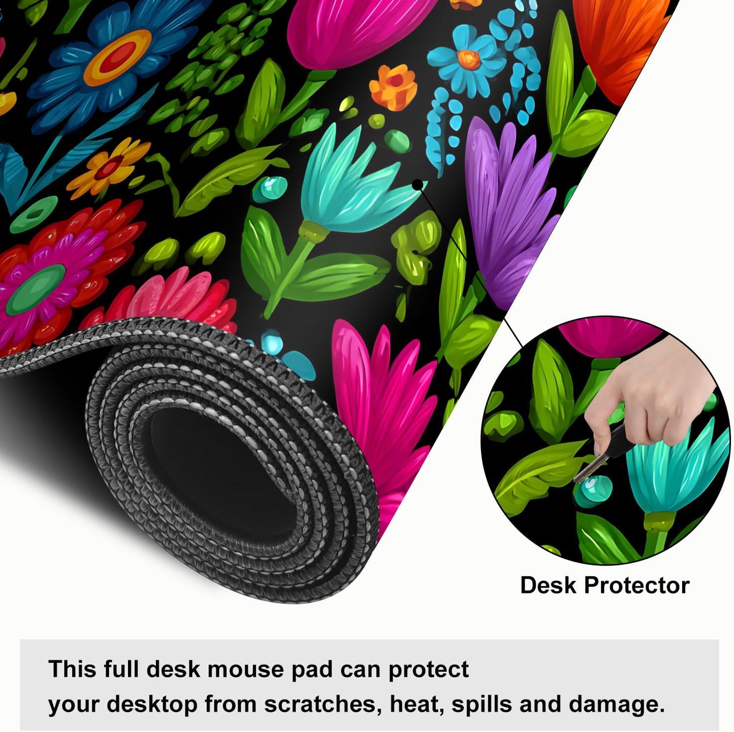 Folk Art Floral Mouse Pad – Large Extended Desk Mat 31.5 x 11.8 in– Colorful Boho Flowers on Black Background, Waterproof Surface, Non-Slip Rubber Base, Oversized Mouse & Keyboard Pad