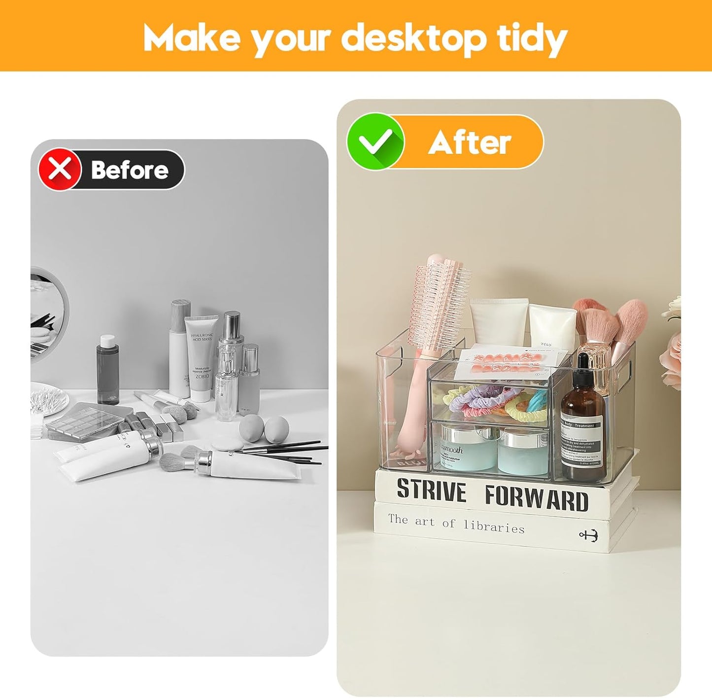 Acrylic Makeup Organizer for Countertop – 2 Drawers & 3 Compartments, Clear Storage Bin. Multi-use for Skincare, Cosmetics, Jewelry & Small Accessories, fits Vanity, Bathroom, Office, Craft