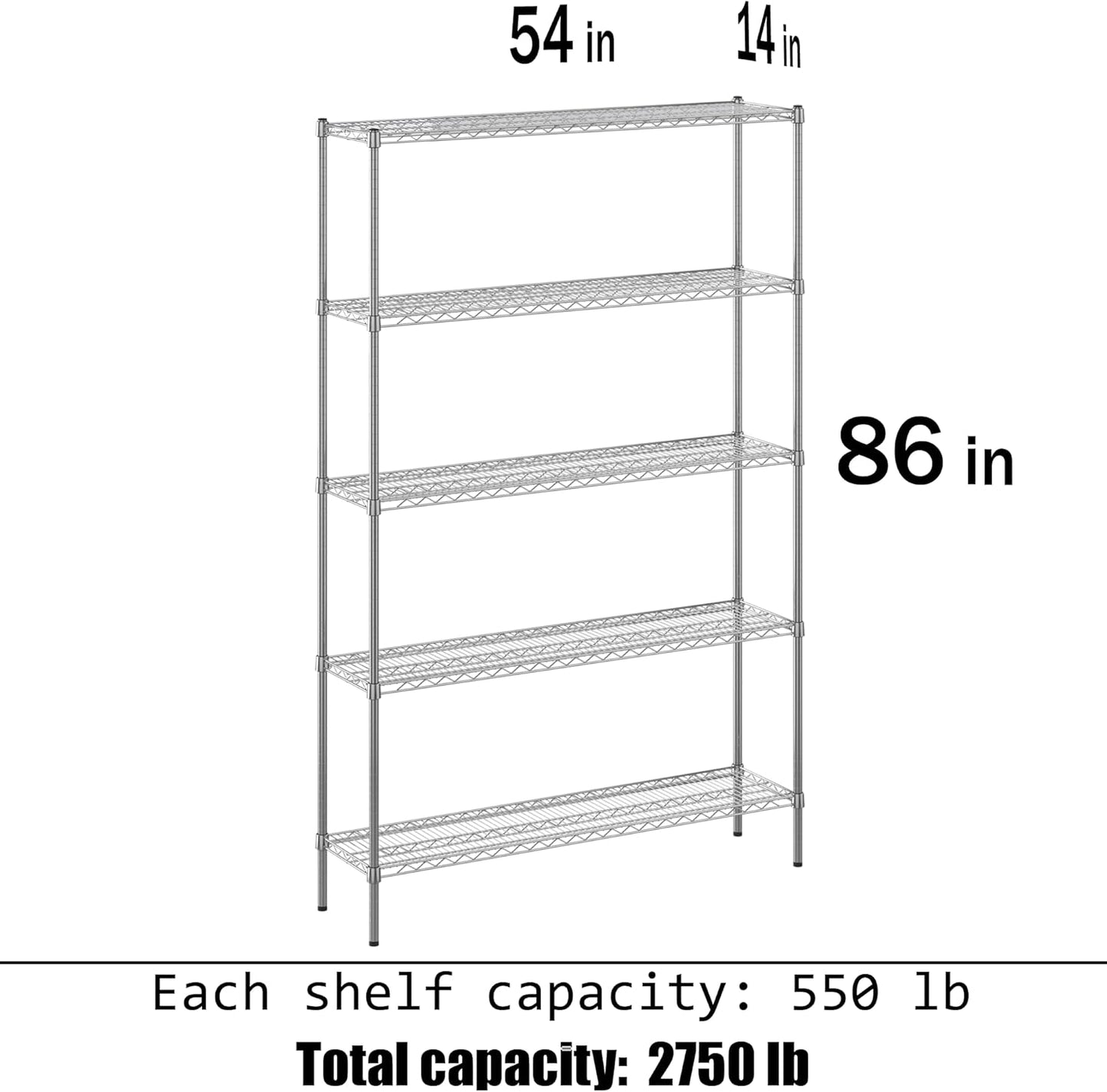 14" Deep x 54" Wide x 86" Height Wire Shelving Kit | 5-Tier | NSF Commercial Storage Rack Unit