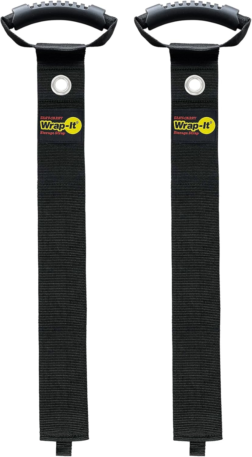 Easy-Carry Wrap-It Storage Straps - 48” (2-Pack) Black with Grommet - Garden Hose Caddy and Cord Wrap for Indoor and Outdoor Cable Organizing