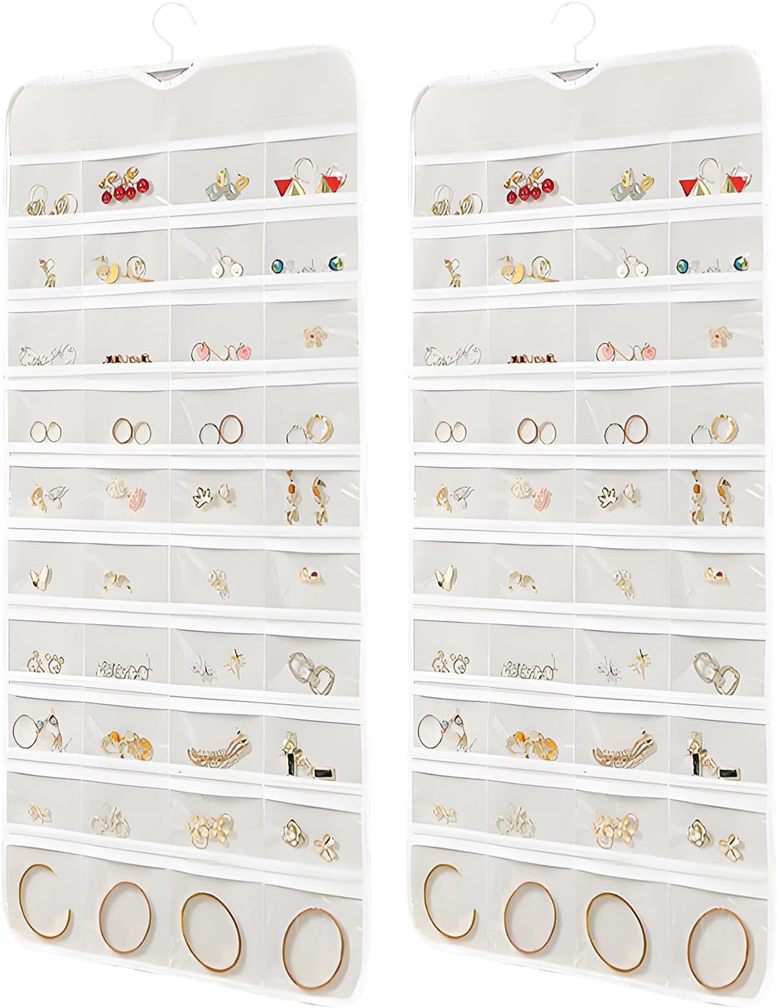 80 Pockets Hanging Jewelry Organizer, Double-Sided White Closet Jewelry Holder for Space-Saving Storage of Earrings, Rings, Bracelets and Small Accessories