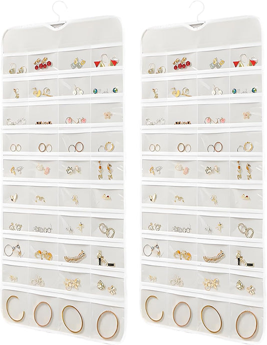 80 Pockets Hanging Jewelry Organizer, Double-Sided White Closet Jewelry Holder for Space-Saving Storage of Earrings, Rings, Bracelets and Small Accessories