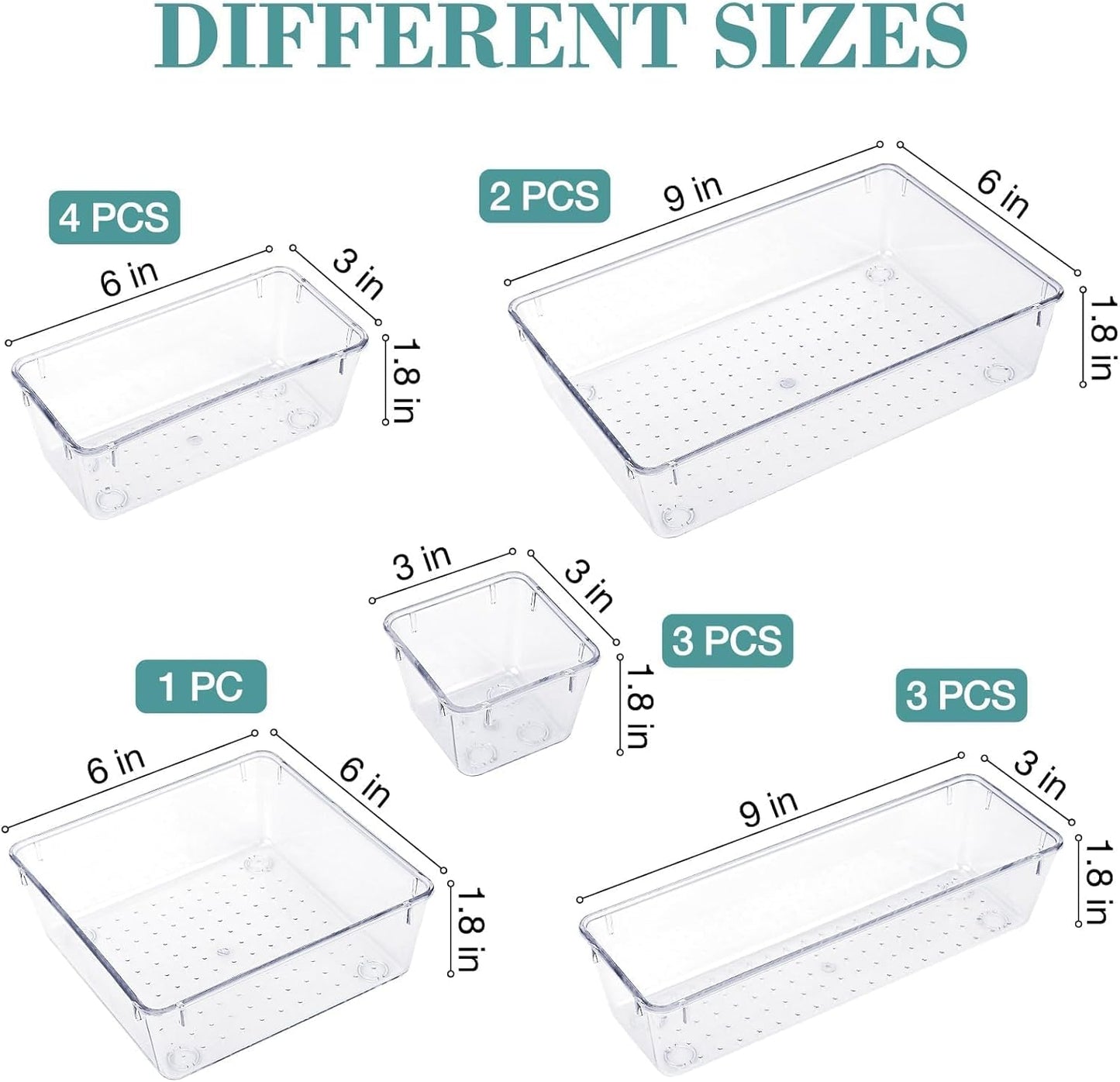 13 PCS Drawer Organizer Set, 5 Varied Size Bathroom and kitchen Drawer cabinet organizer Trays, Clear Storage Bins for Makeup, Jewelry, Utensils and Gadgets