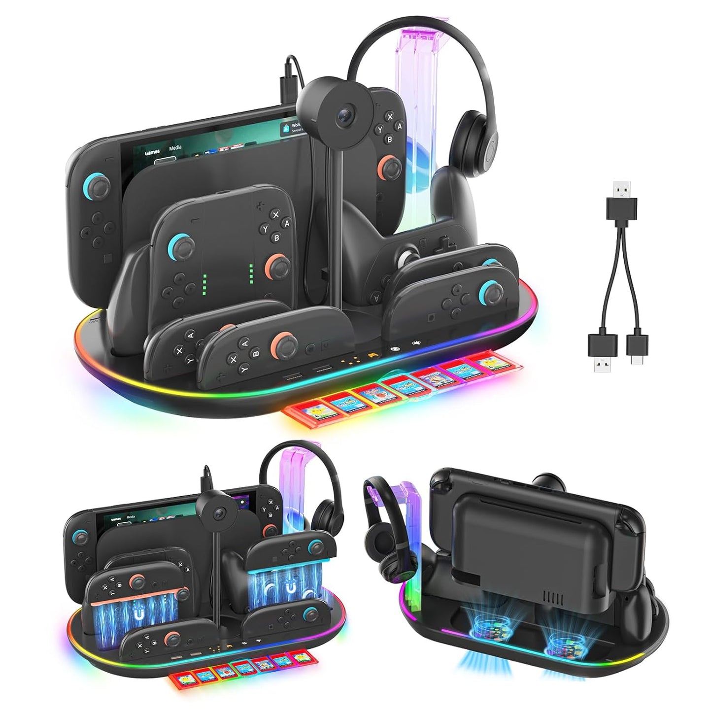 Uxilep Switch 2 Charging Dock,Multifunctional Organizer Station for Nintendo Switch 2 Accessories with Console Cooling Fan,4 Joycon 2 & Pro Controller Charger,Switch 2 Camera Storage,Headset Holder and 7 Card Slots (Black)
