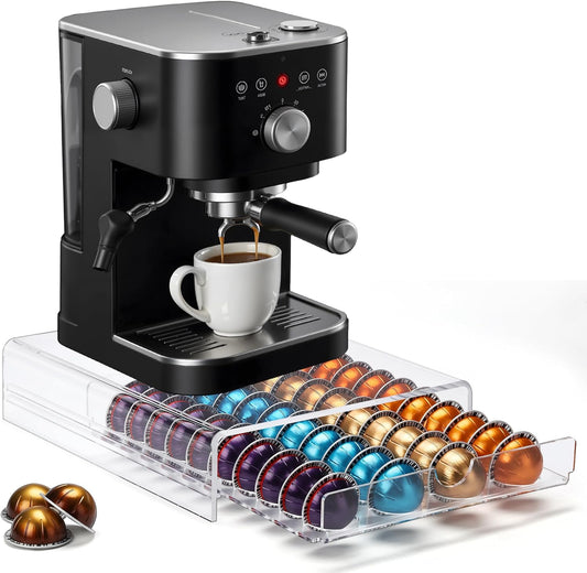Clear Acrylic Coffee Pod Drawer for Nespresso Vertuo – 40-Pod Double-Sided Pull-Out Organizer