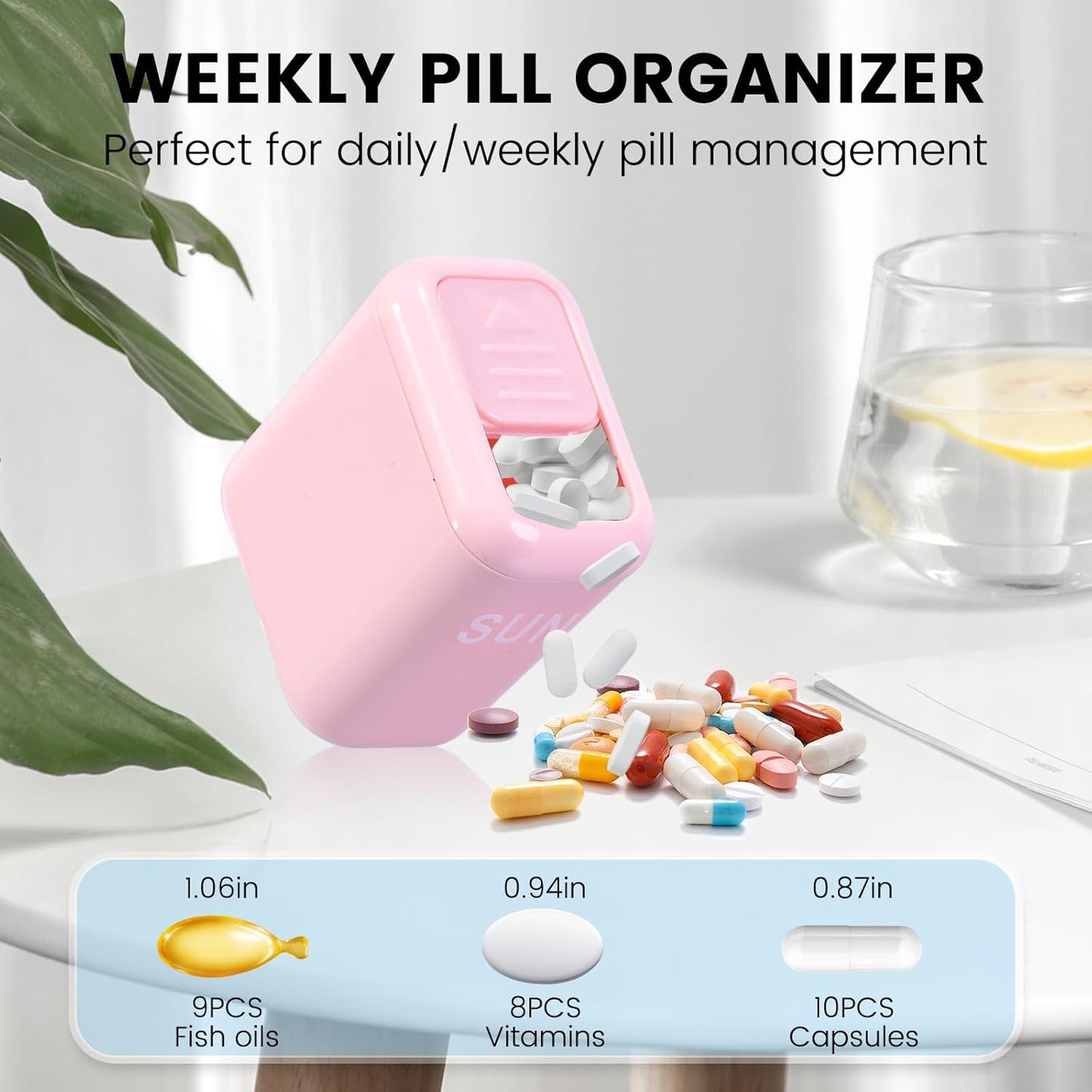 Pill Organizer Easy-Slide Lid, Removable 7 Day 1 Time a Day Pill Box, Large Travel Pill Case, Week Once Daily Medication Dispenser, Pill Container Holder for Supplement, Vitamin, Pink