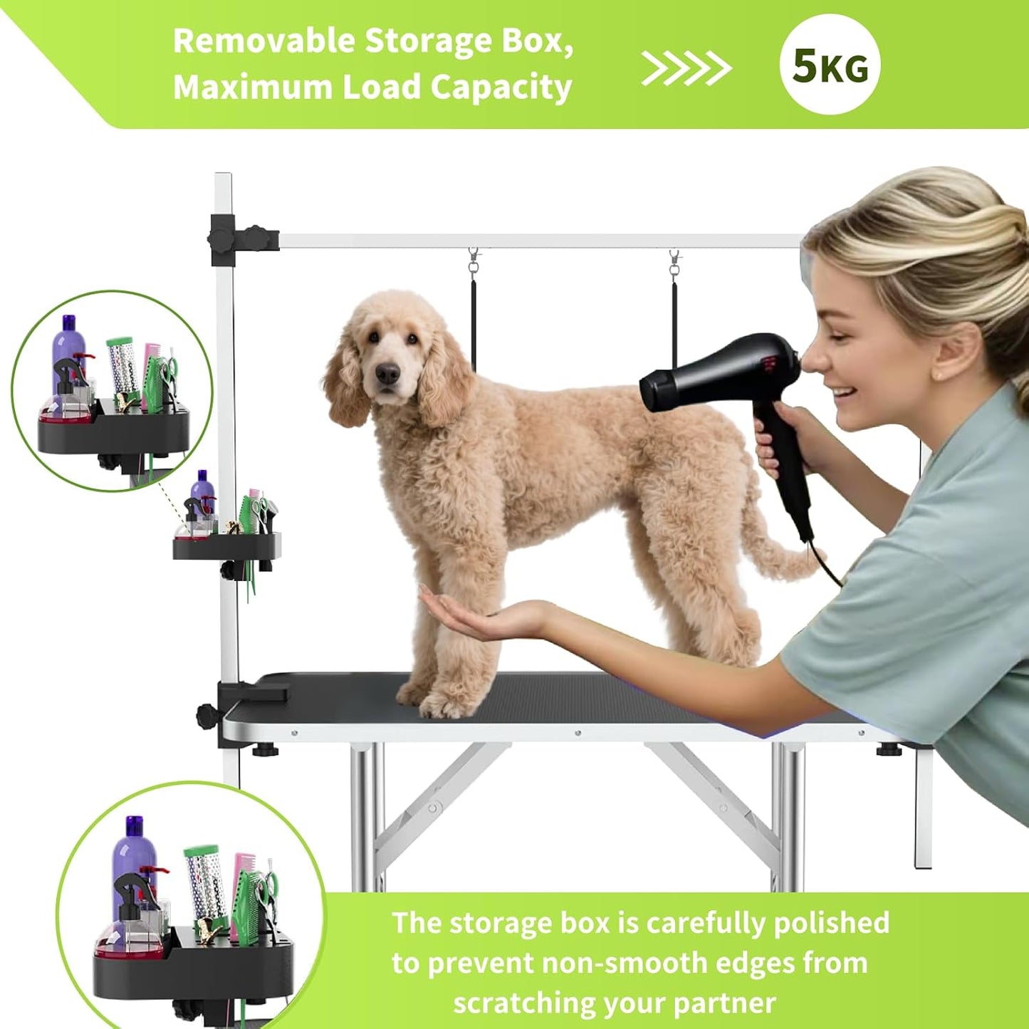 46" Large Dog Grooming Table, Non-Slip Tabletop with Adjustable Armrests, Lasso, Tool Organizer, Grid Tray, Foldable Home Pet Station, Maximum Weight Capacity 330 lbs,Blue