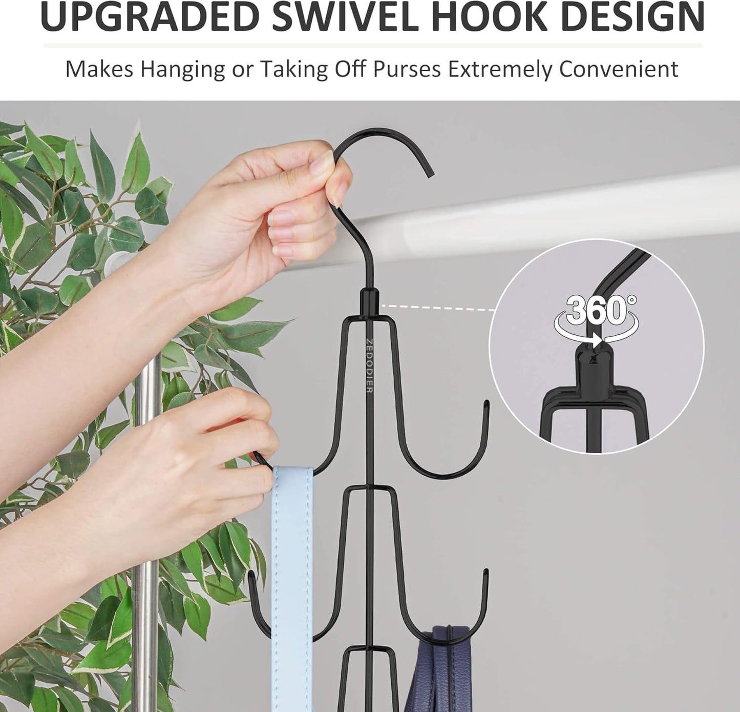 ZEDODIER 2 Pack Purse Organizer for Closet, Rotatable Purse Hanger Bag Holder, Max 16 Storage Capacity Backpack Rack, Metal Space Saving Hanger, Black
