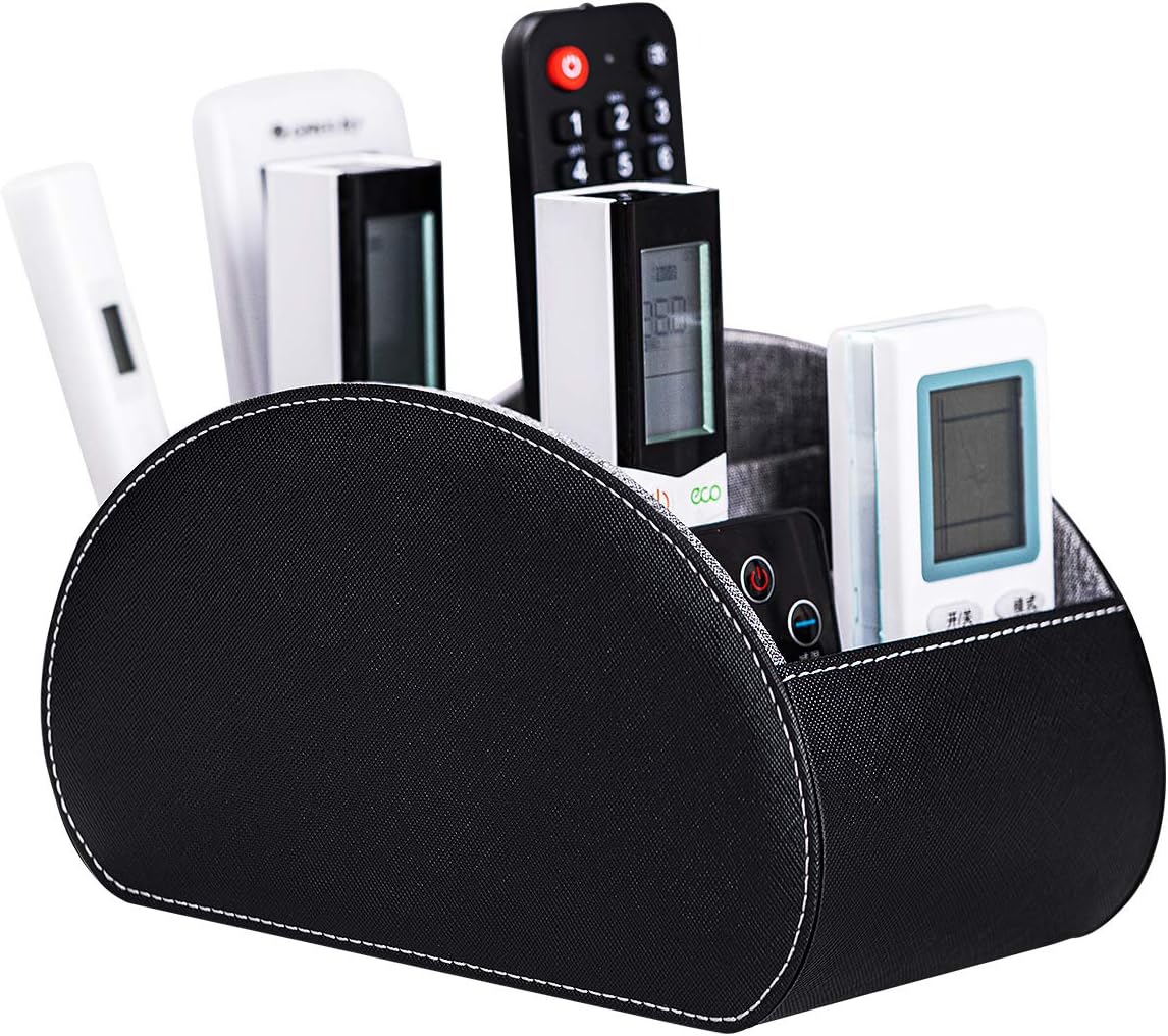 BONNY DODO Remote Control Holders Organizer Box with 5 Compartment PU Leather Multi-functional Office Desk Storage Caddy Store (Black)