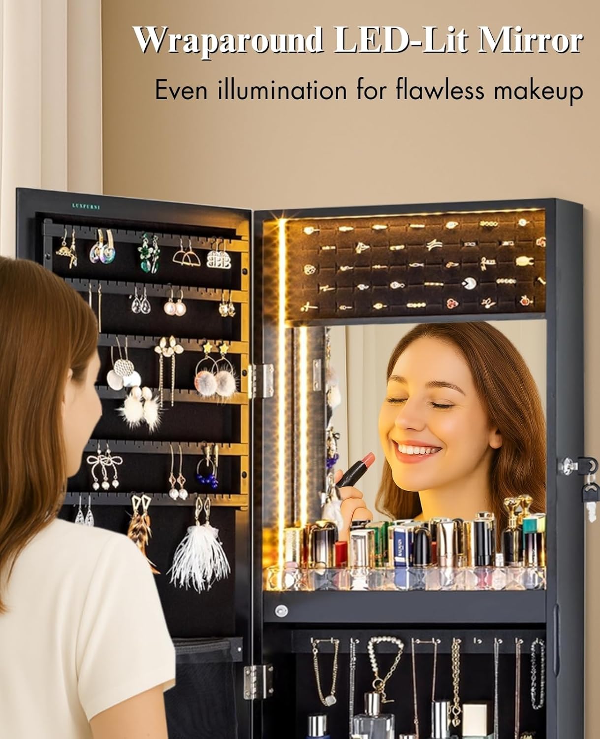LUXFURNI 79 LED Lights Mirror Jewelry Cabinet, Wall Mounted/Door-Hanging Mirror with Storage, Lockable Jewelry Mirror Organizer, Black