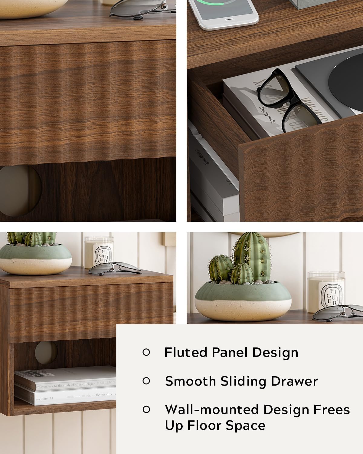 Floating Nightstands Set of 2 with Drawer and Open Shelf, Small Wall Mounted Bedside End Table, Modern Fluted Night Stand for Bedroom, Living Room, Brown