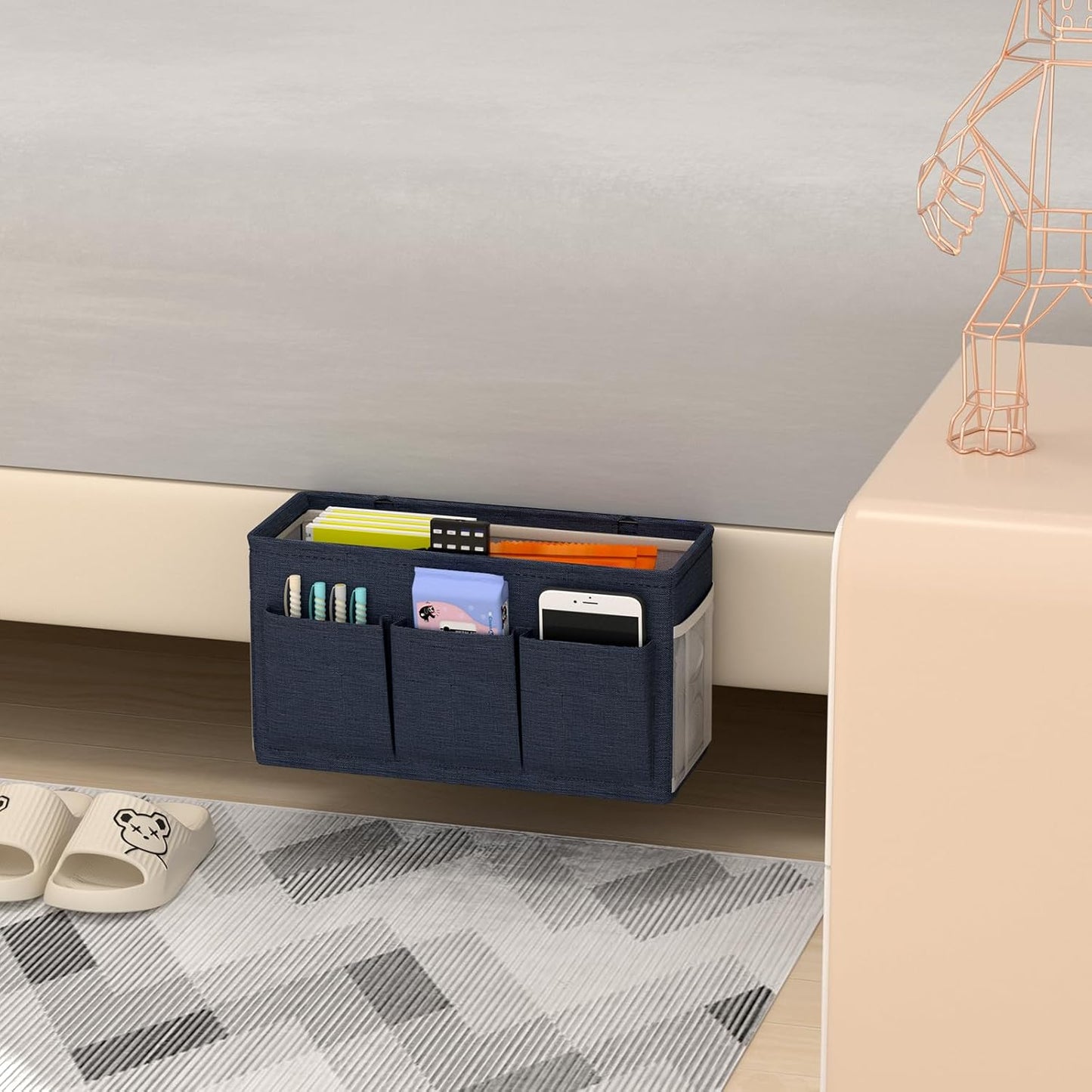Dual-purpose Bedside Caddy Bedside Organizer, Bed Caddy with 6 Pockets, Versatile Bedside Storage Solution Magazine Remotes holder, ideal for Home, Dorm, Hospital, Crib Bed (Navy 2pcs)