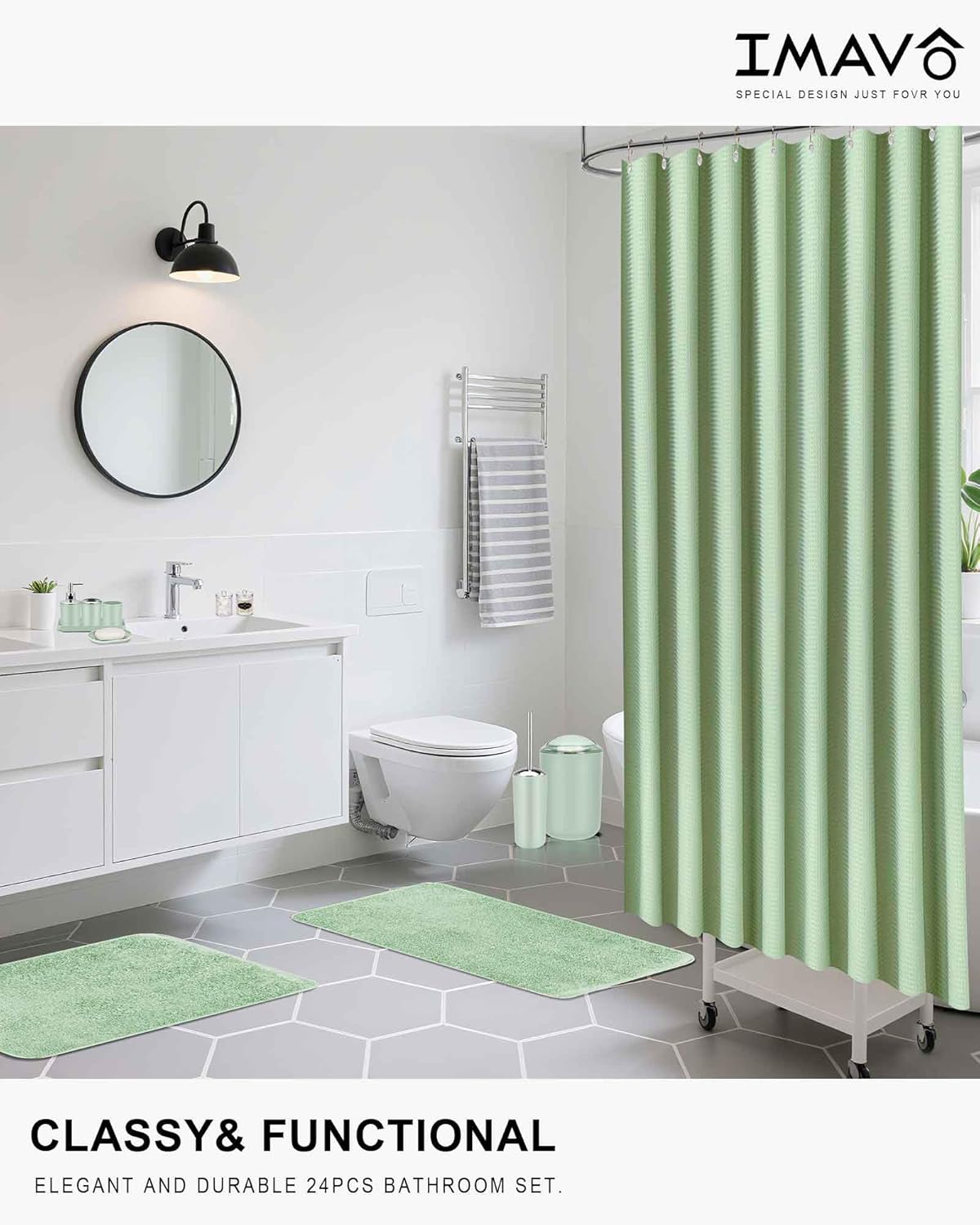 IMAVO Green Bathroom Accessories,Non Slip Super Absorbent Rugs and Waterproof Shower Curtain with Hooks,Complete Bathroom Set for Bathroom Décor