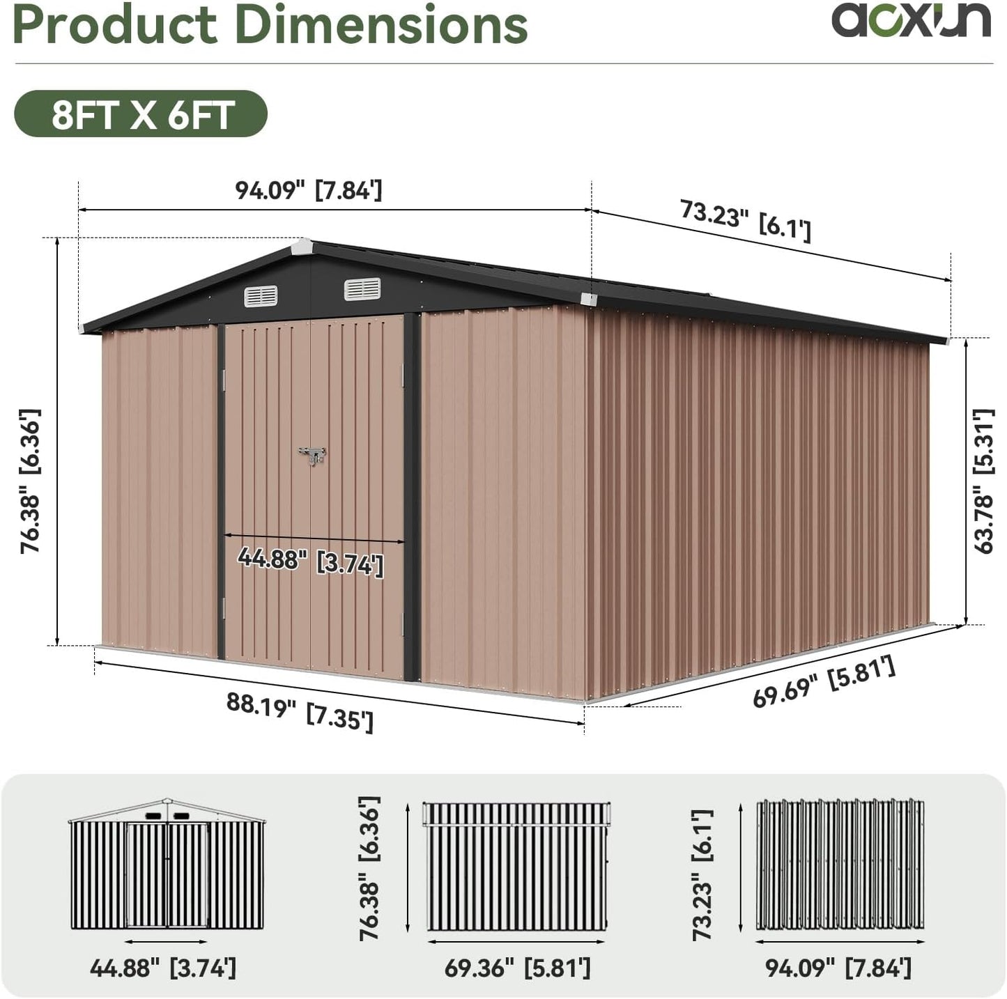 Aoxun 6' x 8' Storage Shed Outdoor Steel Garden Utility Cabinet with Lockable Door Waterproof & Rust-Proof for Yard, Patio, Backyard, Garden (Brown)