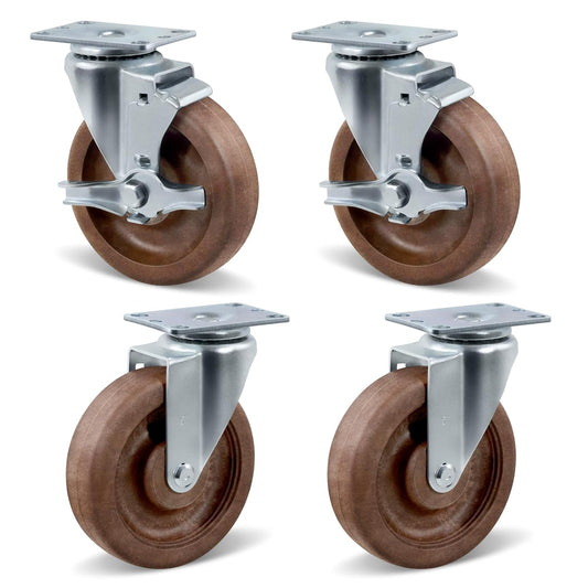 5" Hi-Temp Glass FiIled Nylon Casters, Heavy Duty Casters Set of 4, Industrial Caster Wheels for Commercial Kitchen, Bakery - 2800 lbs Capacity(2 Swivel & 2 Brake)