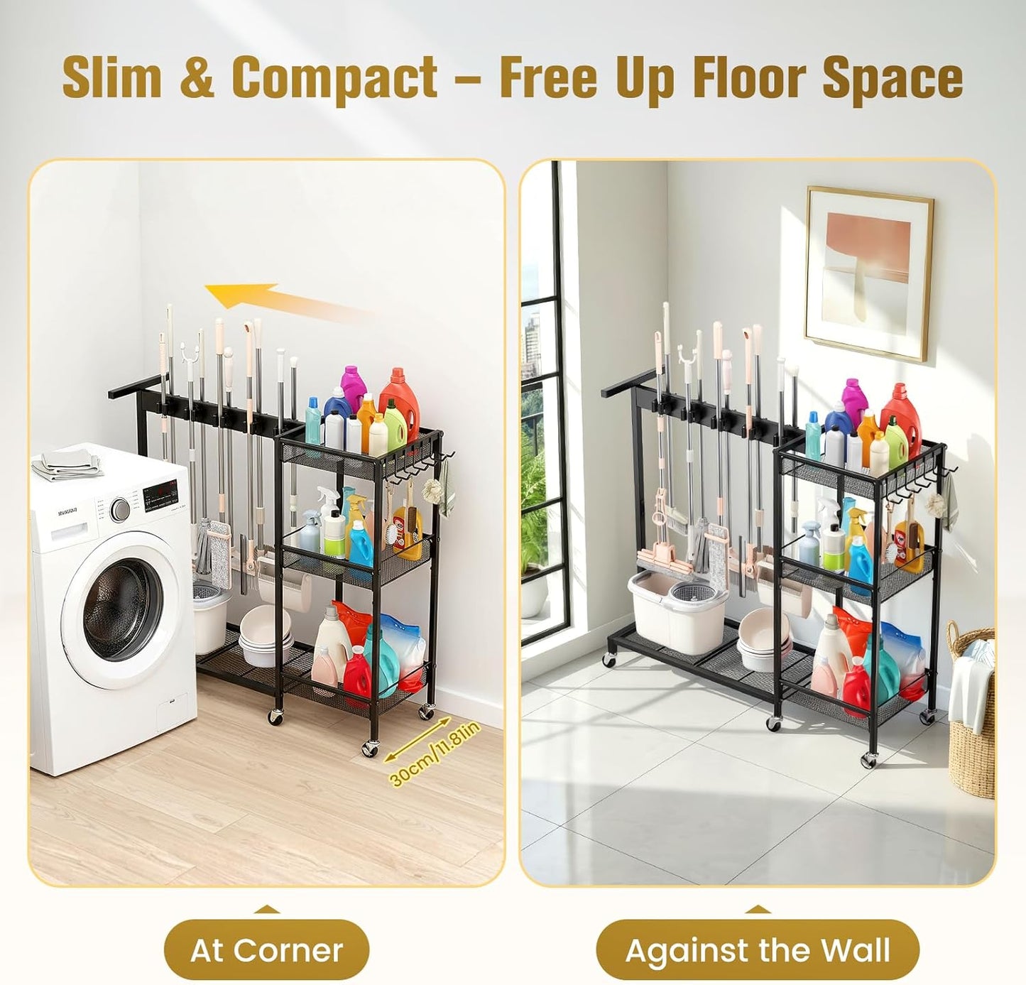 Broom Holder with Cleaning Supplies Organizer, Cleaning Utility Cart on Wheels, 10 Clips & 7 Hooks, 3-Tier Shelves, Broom Closet Storage Cabinet with Cleaning Caddy for Home Commercial Use