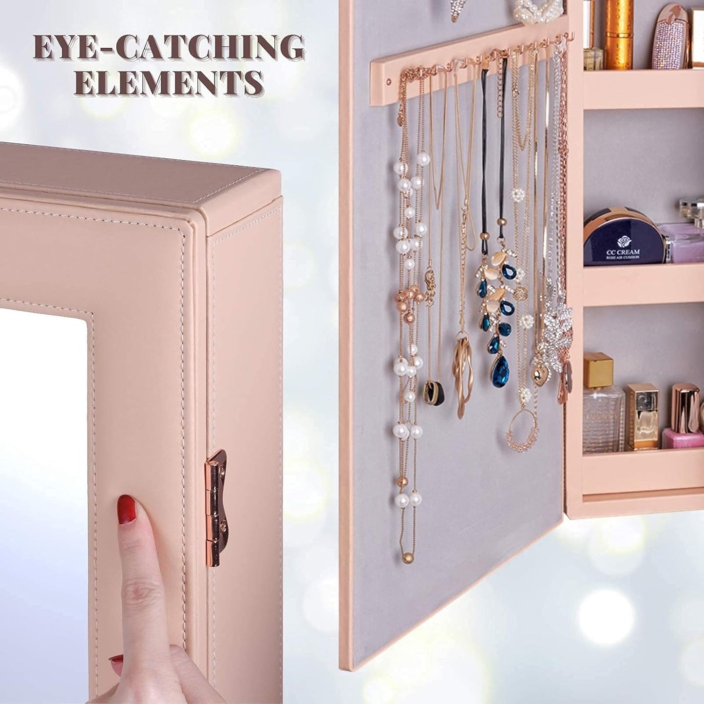 LUXFURNI Jewelry Armoire Organizer, Wall/Door Mounted Cabinet with Full Length Mirror (Peach)