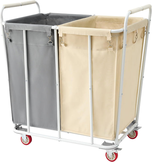 Hoctieon 2 Section Laundry Sorter Cart, 400L Rolling Hamper with Wheels, Industrial Laundry Basket Organizer, Extra Large Dirty Clothes Hamper for Home & Hotel, Heavy Duty, Gray+Beige