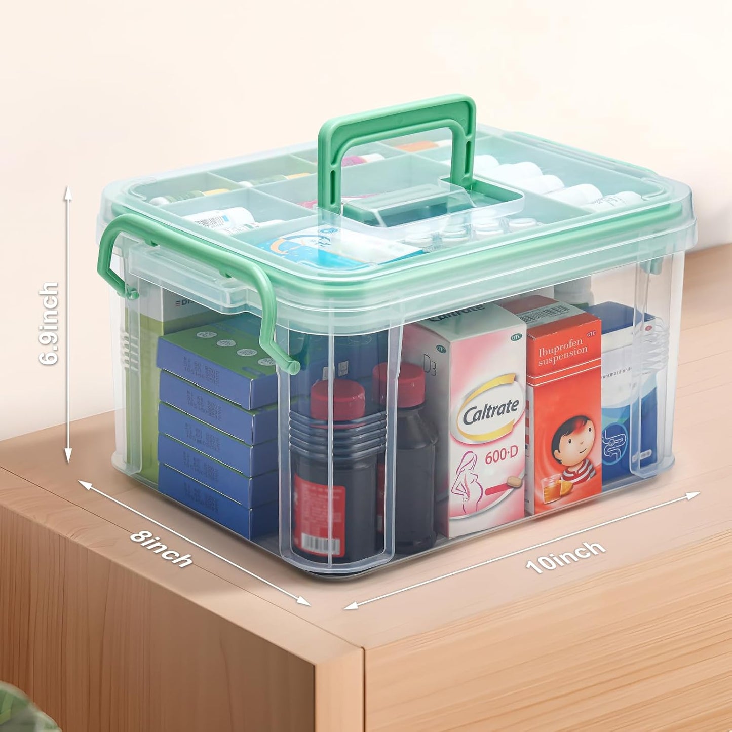 15QT Clear Medicine Organizer Storage Box with Handle & Tray - Thickened Plastic Empty First Aid Box, Multipurpose Medical Container with Lids/Labels, Medication Caddy for Home, Baby, Elderly, Dorm