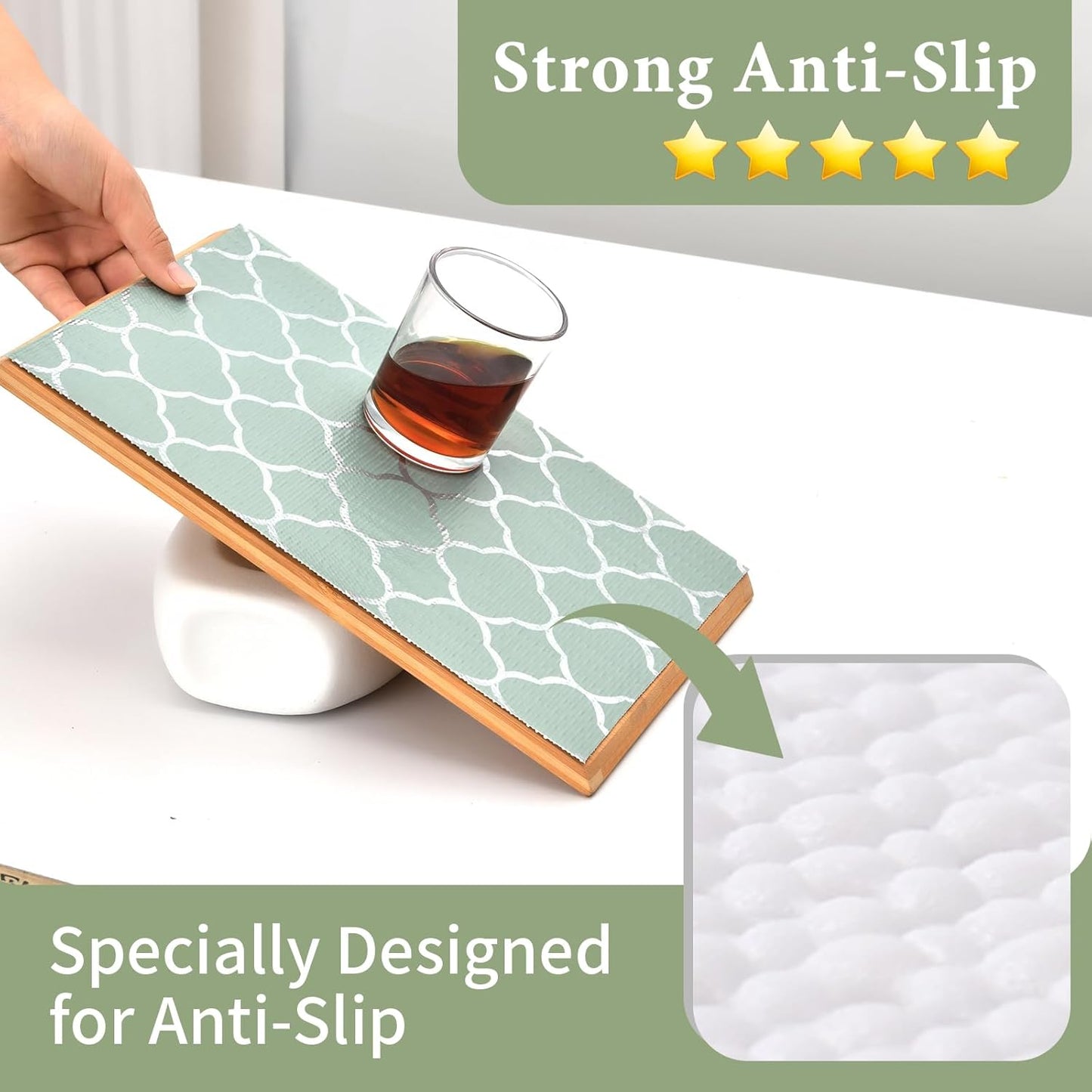 Shelf Liners for Kitchen Cabinets Non Adhesive Drawer Liner 12in x 20FT Light Green Quatrefoil Thickened Shelf Liner Strong Non-Slip Easy to Clean for Tool Box Refrigerator with Knife and Tape Measure