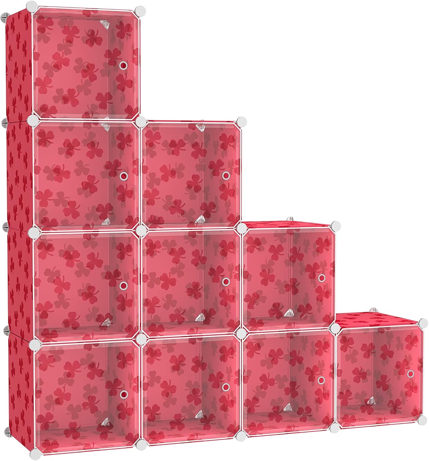C&AHOME Cube Storage Organizer with Doors, 10-Cube Shelves, DIY Plastic Modular Bookshelf, Closet Clothes Storage Shelving Ideal for Bedroom, Living Room, Clover Embossed, Red