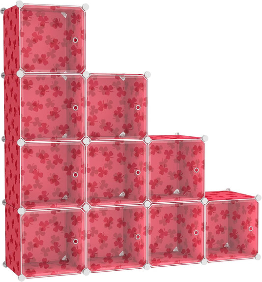C&AHOME Cube Storage Organizer with Doors, 10-Cube Shelves, DIY Plastic Modular Bookshelf, Closet Clothes Storage Shelving Ideal for Bedroom, Living Room, Clover Embossed, Red
