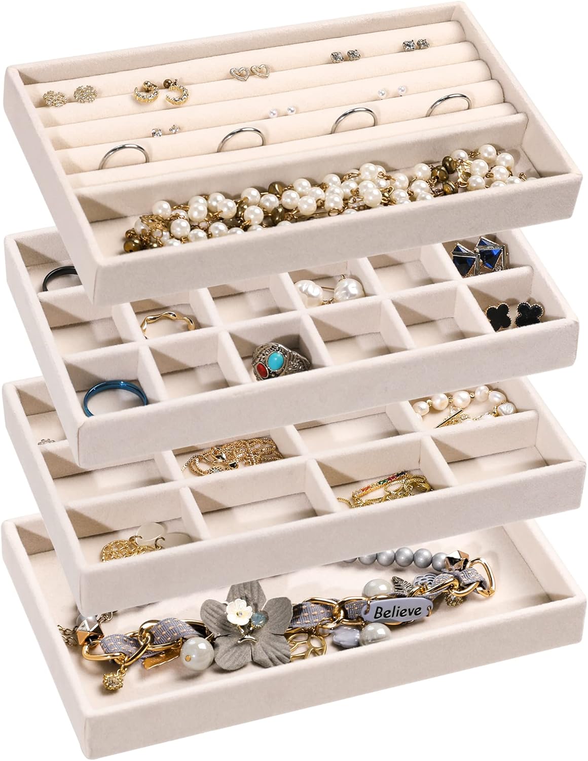 Frebeauty Jewelry Organizer Tray,Stackable Velvet Jewelry Trays,Drawer Inserts Earring Organizer For Women Jewelry Storage Display Case for Rings Stud Necklaces,Set of 4(Beige)