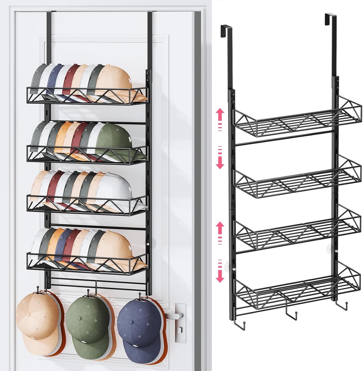 SWTYMIKI Over Door Hat Organizer - 5 Tier Wall Mounted Hat Rack with 4 Adjustable Metal Basket and 3 Hooks, Hanging Baseball Cap Organizer Storage Holds up to 49 Caps for Door, Bedroom, Closet
