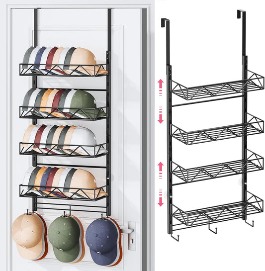 SWTYMIKI Over Door Hat Organizer - 5 Tier Wall Mounted Hat Rack with 4 Adjustable Metal Basket and 3 Hooks, Hanging Baseball Cap Organizer Storage Holds up to 49 Caps for Door, Bedroom, Closet